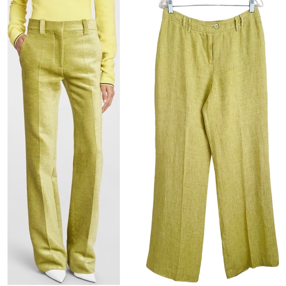 Irene Van Ryb Pea Green 100% Linen Classic Effortless Straight Leg Pants Size 42